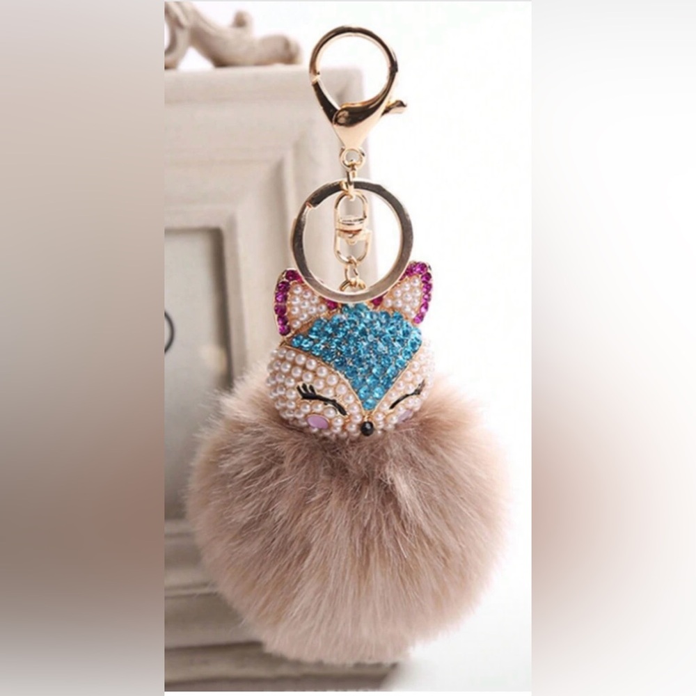 Pearl & Blue Rhinestone Fox Head with Beige Pom Pom, Purse Charm / Keychain.